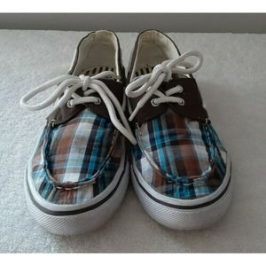 Womens Blue Fin Scuttle Boat Shoe Blue/Brown Plaid Size 8